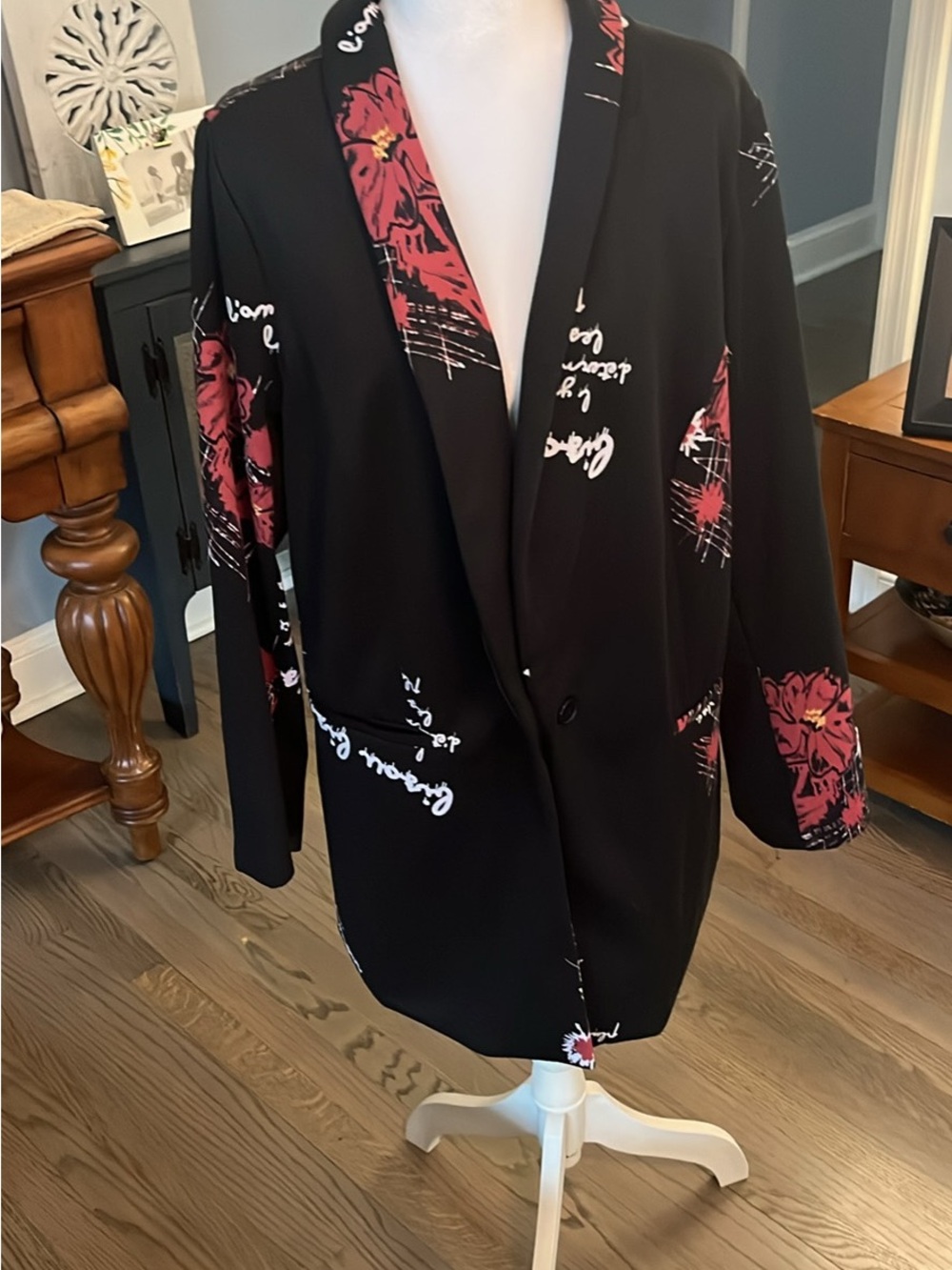 Ashley Stewart Black Blazer with Red Floral Script Print